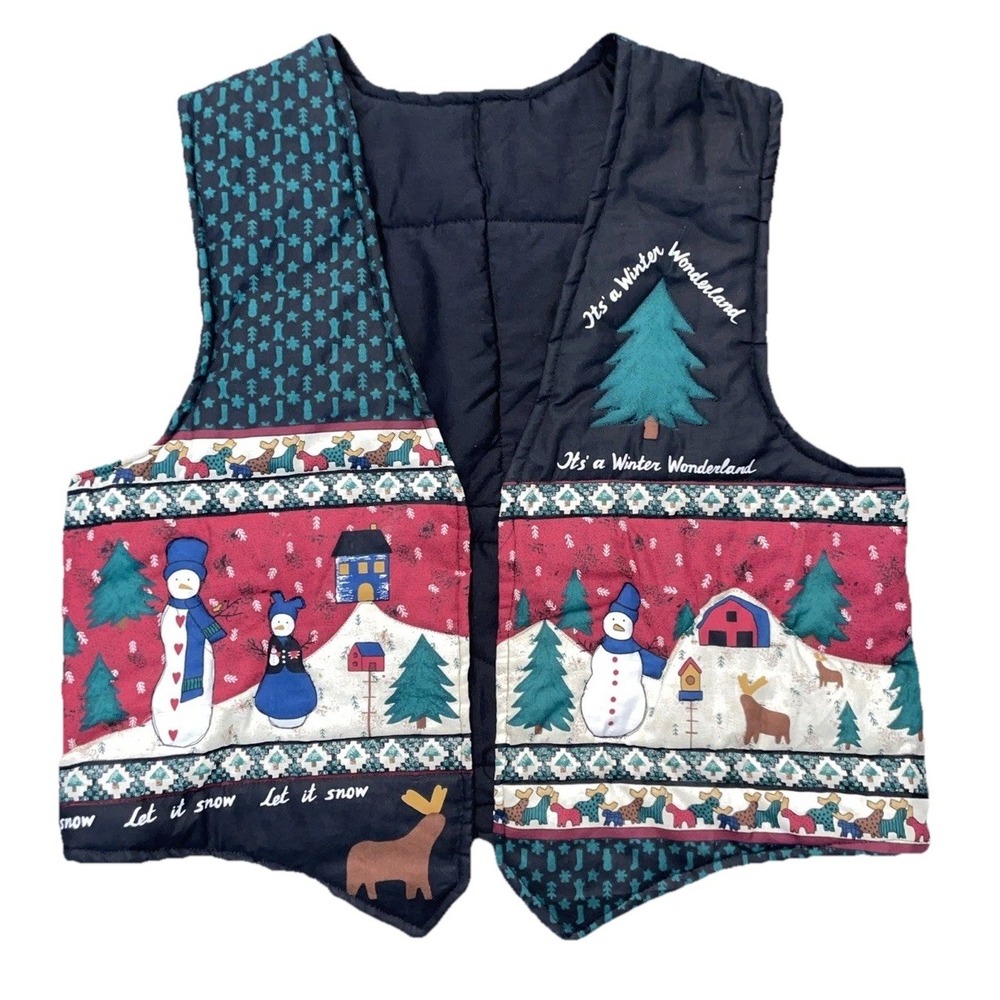 Vintage Handmade Quilt Vest Ugly Christmas Size XL Snowman Barn‎ Reindeer
